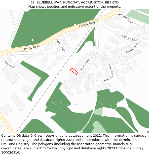 63, BLUEBELL WAY, HUNCOAT, ACCRINGTON, BB5 6TD: Location map and indicative extent of plot