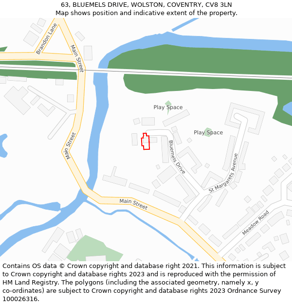 63, BLUEMELS DRIVE, WOLSTON, COVENTRY, CV8 3LN: Location map and indicative extent of plot