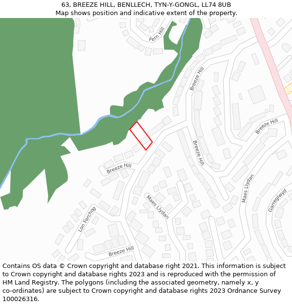 63, BREEZE HILL, BENLLECH, TYN-Y-GONGL, LL74 8UB: Location map and indicative extent of plot