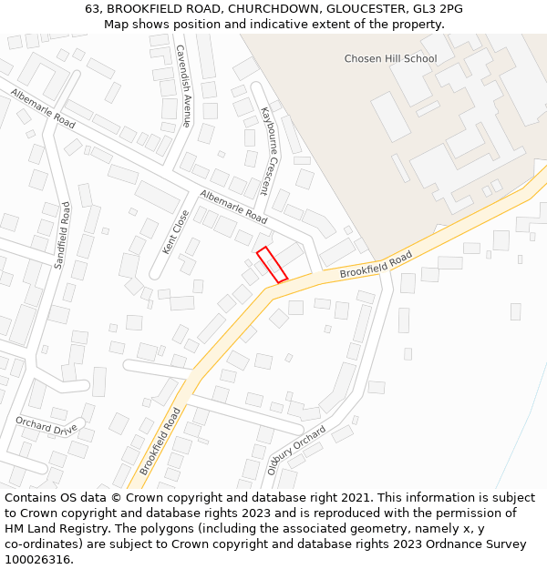 63, BROOKFIELD ROAD, CHURCHDOWN, GLOUCESTER, GL3 2PG: Location map and indicative extent of plot