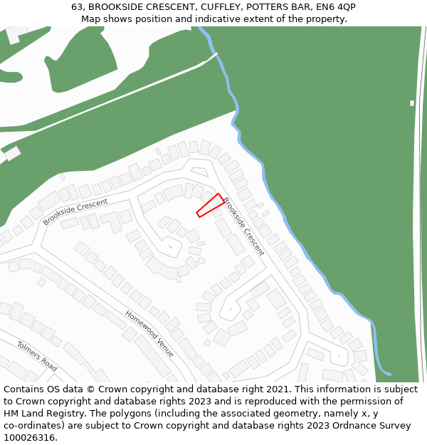 63, BROOKSIDE CRESCENT, CUFFLEY, POTTERS BAR, EN6 4QP: Location map and indicative extent of plot