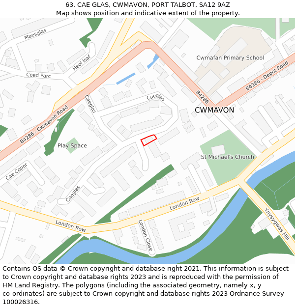 63, CAE GLAS, CWMAVON, PORT TALBOT, SA12 9AZ: Location map and indicative extent of plot