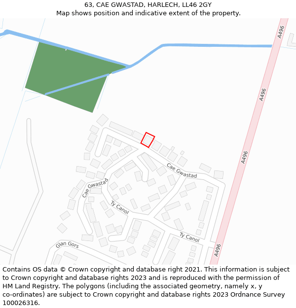 63, CAE GWASTAD, HARLECH, LL46 2GY: Location map and indicative extent of plot