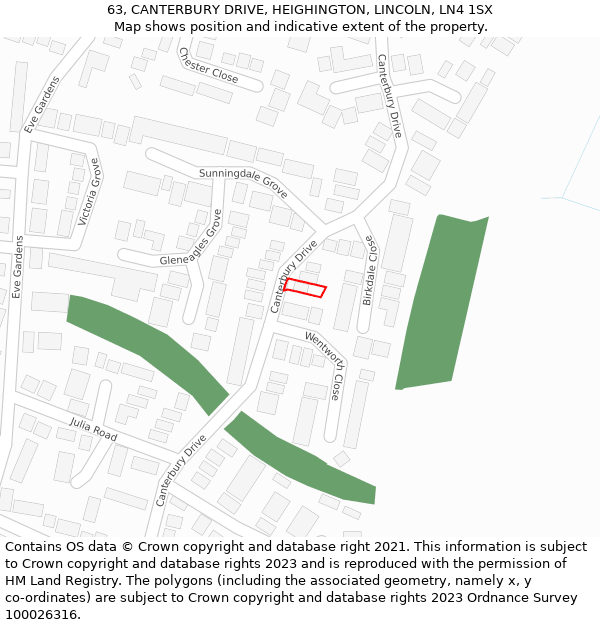 63, CANTERBURY DRIVE, HEIGHINGTON, LINCOLN, LN4 1SX: Location map and indicative extent of plot