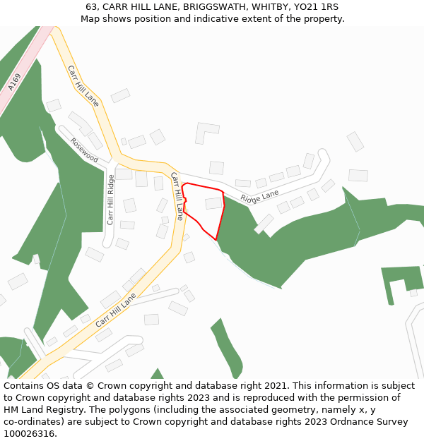 63, CARR HILL LANE, BRIGGSWATH, WHITBY, YO21 1RS: Location map and indicative extent of plot