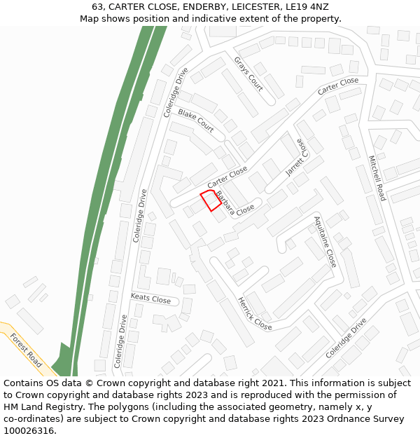 63, CARTER CLOSE, ENDERBY, LEICESTER, LE19 4NZ: Location map and indicative extent of plot