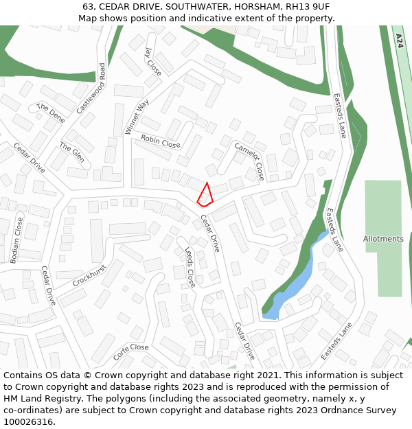 63, CEDAR DRIVE, SOUTHWATER, HORSHAM, RH13 9UF: Location map and indicative extent of plot