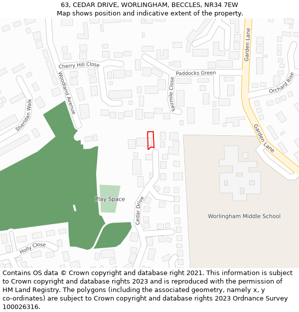 63, CEDAR DRIVE, WORLINGHAM, BECCLES, NR34 7EW: Location map and indicative extent of plot