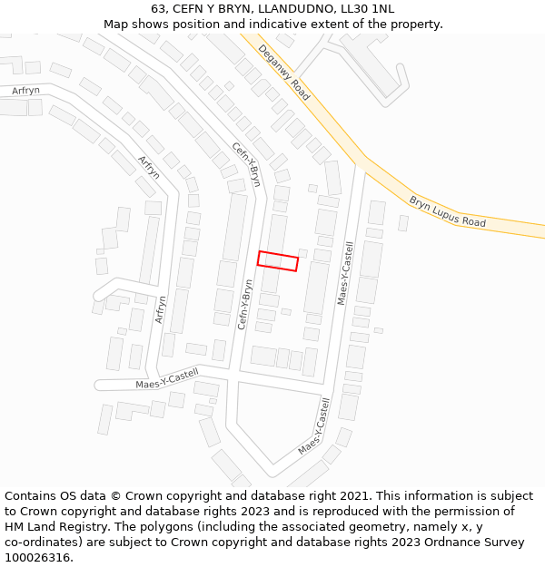 63, CEFN Y BRYN, LLANDUDNO, LL30 1NL: Location map and indicative extent of plot