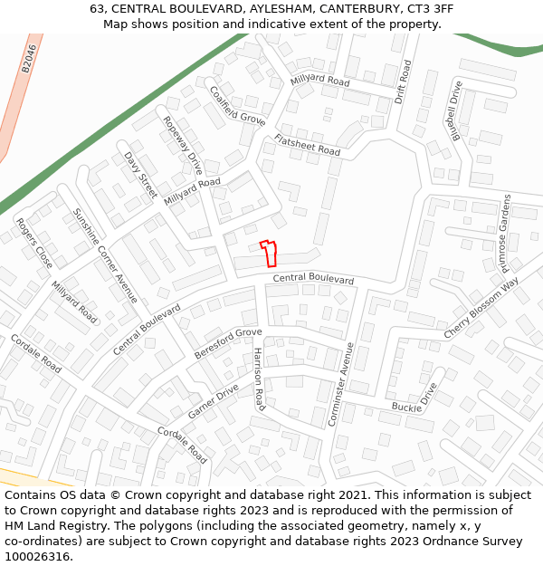 63, CENTRAL BOULEVARD, AYLESHAM, CANTERBURY, CT3 3FF: Location map and indicative extent of plot