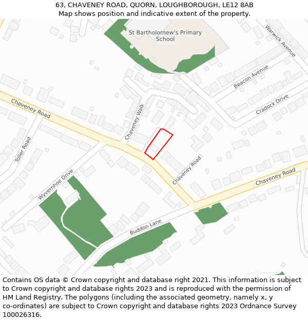 63, CHAVENEY ROAD, QUORN, LOUGHBOROUGH, LE12 8AB: Location map and indicative extent of plot