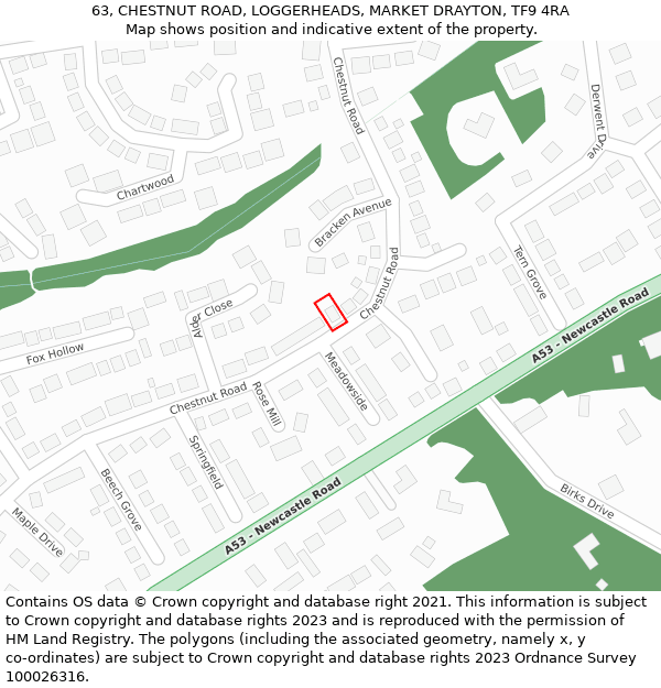 63, CHESTNUT ROAD, LOGGERHEADS, MARKET DRAYTON, TF9 4RA: Location map and indicative extent of plot