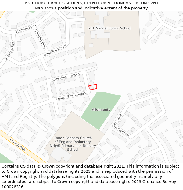 63, CHURCH BALK GARDENS, EDENTHORPE, DONCASTER, DN3 2NT: Location map and indicative extent of plot