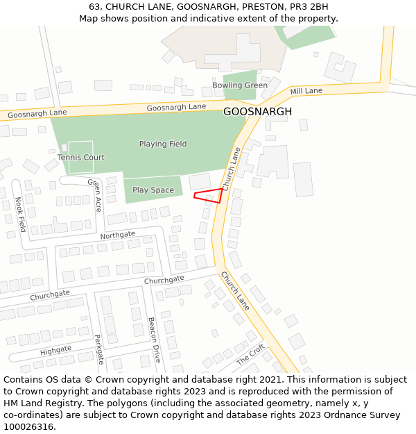 63, CHURCH LANE, GOOSNARGH, PRESTON, PR3 2BH: Location map and indicative extent of plot