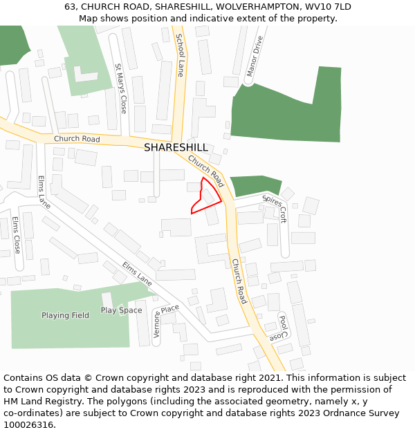 63, CHURCH ROAD, SHARESHILL, WOLVERHAMPTON, WV10 7LD: Location map and indicative extent of plot