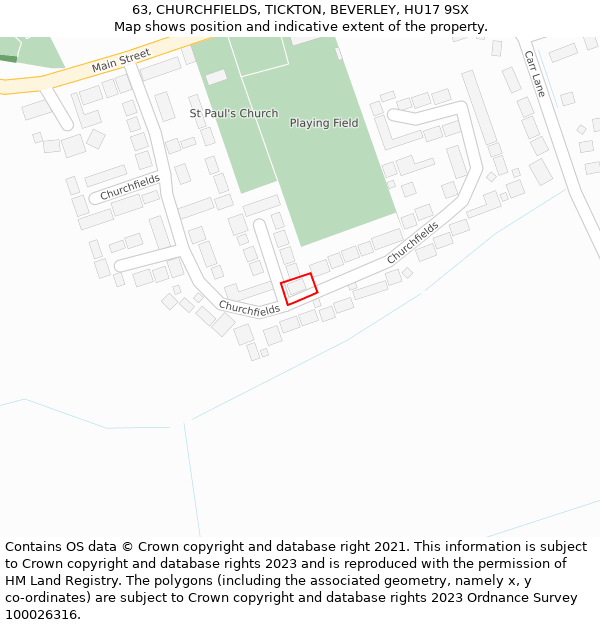 63, CHURCHFIELDS, TICKTON, BEVERLEY, HU17 9SX: Location map and indicative extent of plot