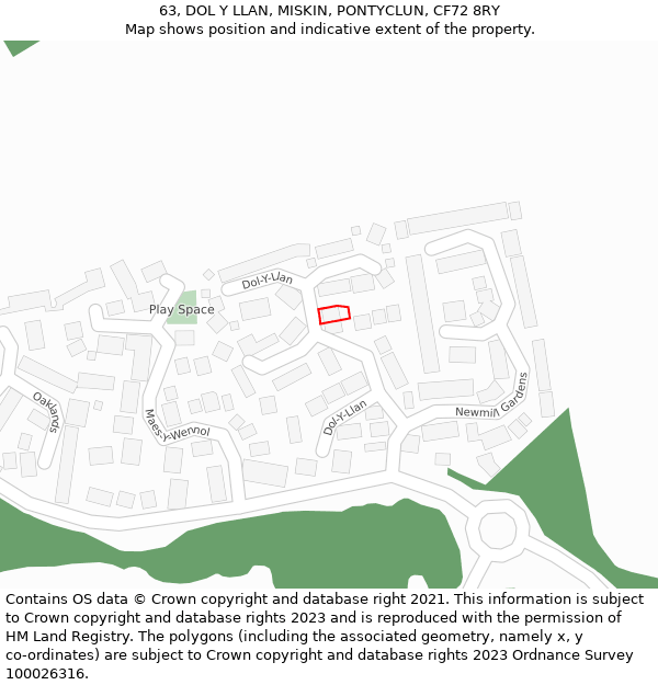 63, DOL Y LLAN, MISKIN, PONTYCLUN, CF72 8RY: Location map and indicative extent of plot