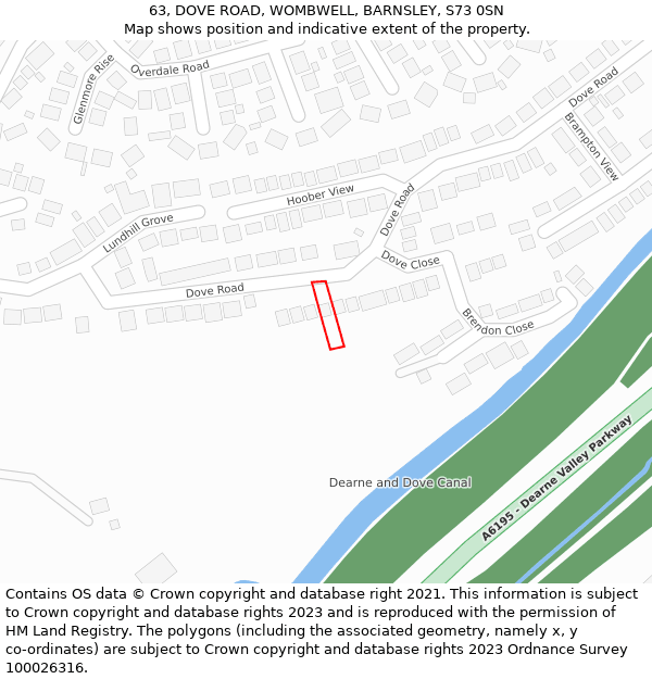 63, DOVE ROAD, WOMBWELL, BARNSLEY, S73 0SN: Location map and indicative extent of plot