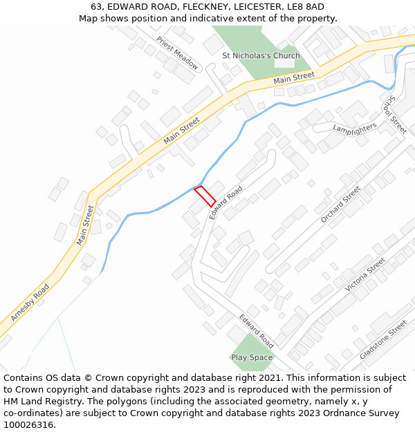 63, EDWARD ROAD, FLECKNEY, LEICESTER, LE8 8AD: Location map and indicative extent of plot