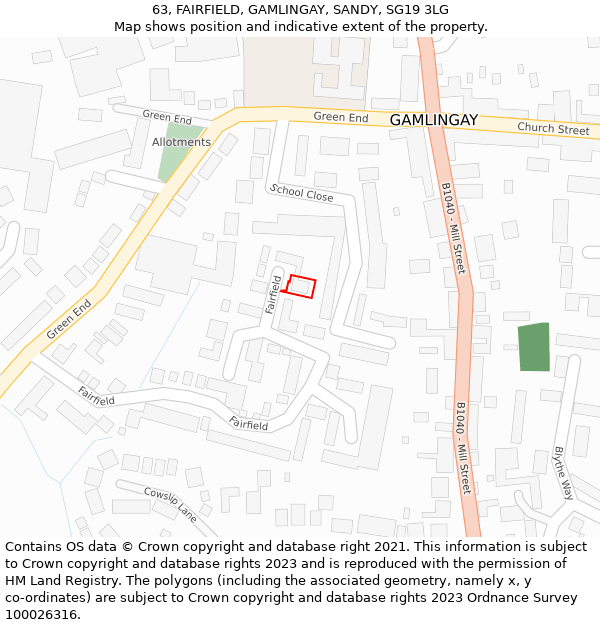 63, FAIRFIELD, GAMLINGAY, SANDY, SG19 3LG: Location map and indicative extent of plot