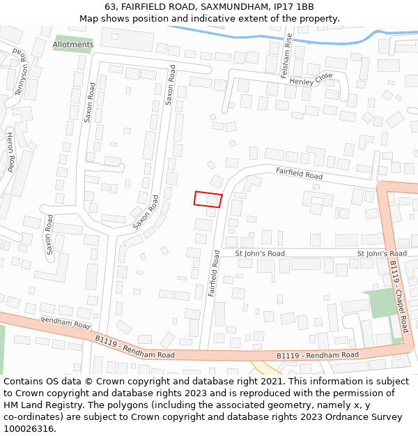 63, FAIRFIELD ROAD, SAXMUNDHAM, IP17 1BB: Location map and indicative extent of plot