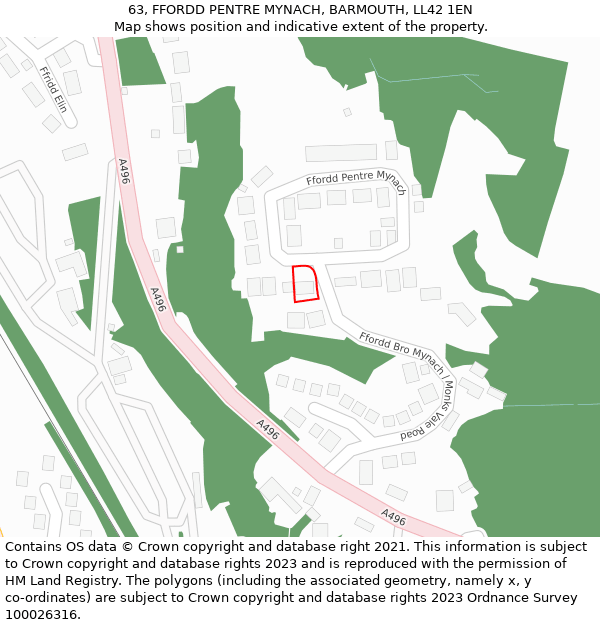 63, FFORDD PENTRE MYNACH, BARMOUTH, LL42 1EN: Location map and indicative extent of plot