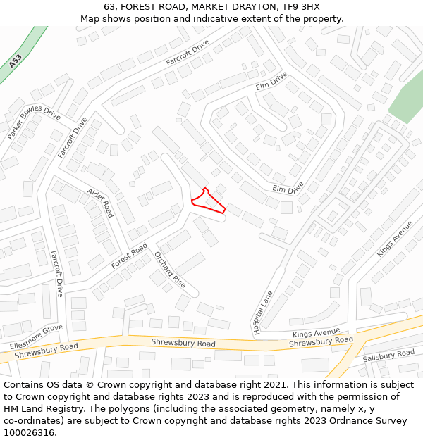 63, FOREST ROAD, MARKET DRAYTON, TF9 3HX: Location map and indicative extent of plot