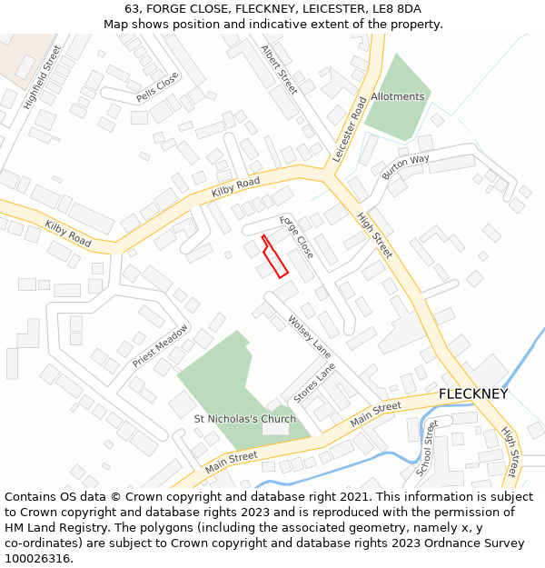 63, FORGE CLOSE, FLECKNEY, LEICESTER, LE8 8DA: Location map and indicative extent of plot