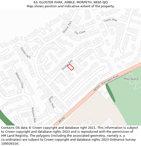 63, GLOSTER PARK, AMBLE, MORPETH, NE65 0JQ: Location map and indicative extent of plot