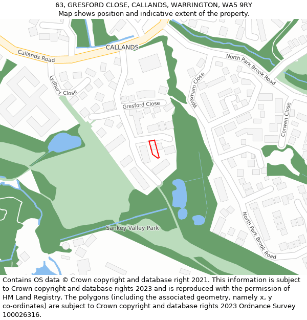 63, GRESFORD CLOSE, CALLANDS, WARRINGTON, WA5 9RY: Location map and indicative extent of plot