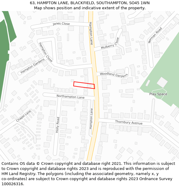 63, HAMPTON LANE, BLACKFIELD, SOUTHAMPTON, SO45 1WN: Location map and indicative extent of plot