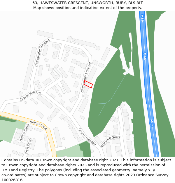 63, HAWESWATER CRESCENT, UNSWORTH, BURY, BL9 8LT: Location map and indicative extent of plot
