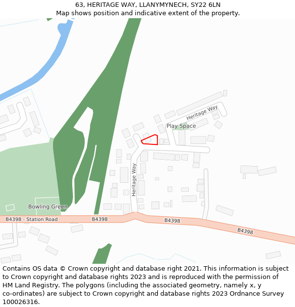 63, HERITAGE WAY, LLANYMYNECH, SY22 6LN: Location map and indicative extent of plot