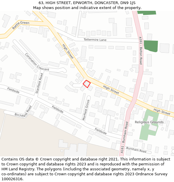 63, HIGH STREET, EPWORTH, DONCASTER, DN9 1JS: Location map and indicative extent of plot