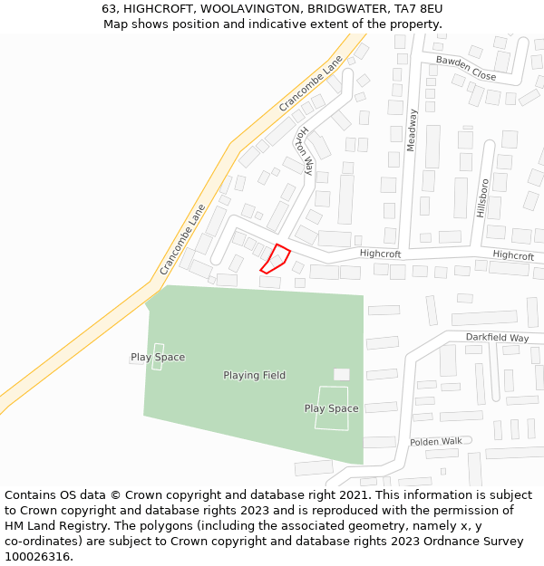 63, HIGHCROFT, WOOLAVINGTON, BRIDGWATER, TA7 8EU: Location map and indicative extent of plot