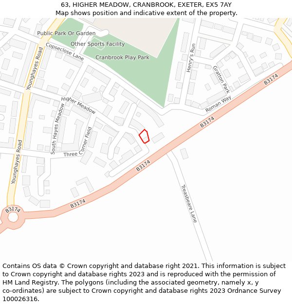 63, HIGHER MEADOW, CRANBROOK, EXETER, EX5 7AY: Location map and indicative extent of plot