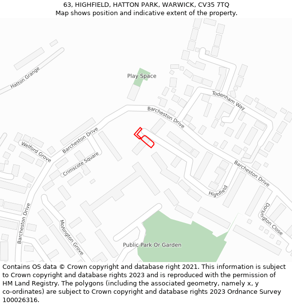 63, HIGHFIELD, HATTON PARK, WARWICK, CV35 7TQ: Location map and indicative extent of plot