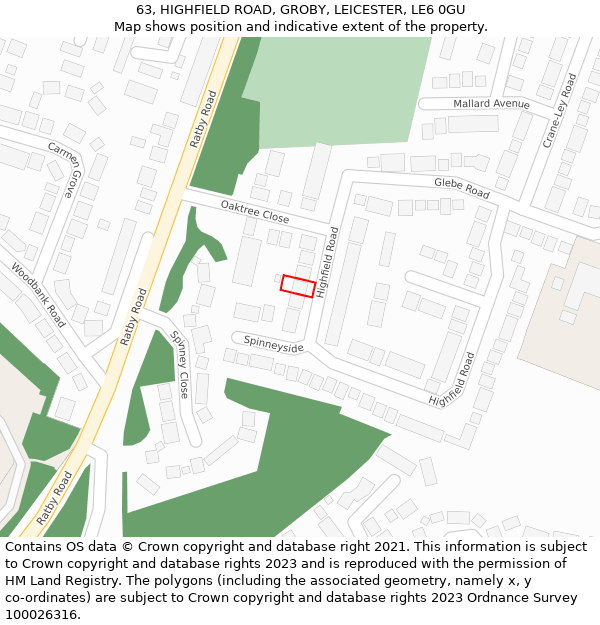 63, HIGHFIELD ROAD, GROBY, LEICESTER, LE6 0GU: Location map and indicative extent of plot
