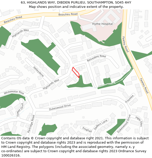 63, HIGHLANDS WAY, DIBDEN PURLIEU, SOUTHAMPTON, SO45 4HY: Location map and indicative extent of plot