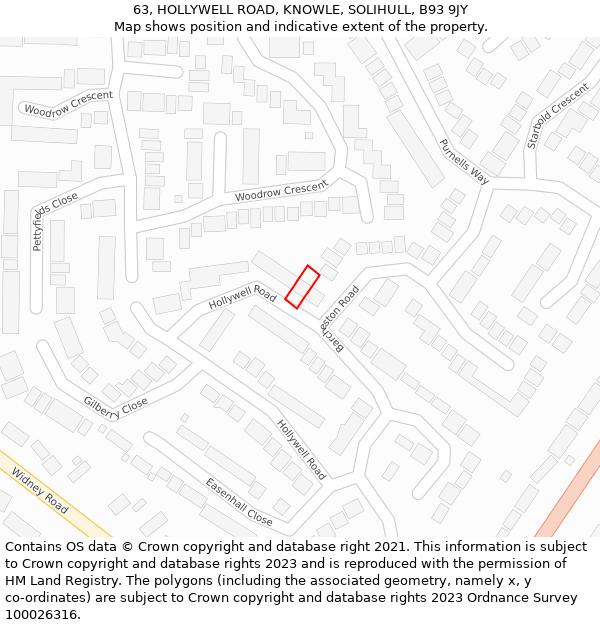 63, HOLLYWELL ROAD, KNOWLE, SOLIHULL, B93 9JY: Location map and indicative extent of plot