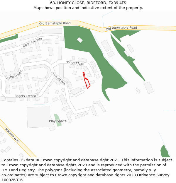 63, HONEY CLOSE, BIDEFORD, EX39 4FS: Location map and indicative extent of plot