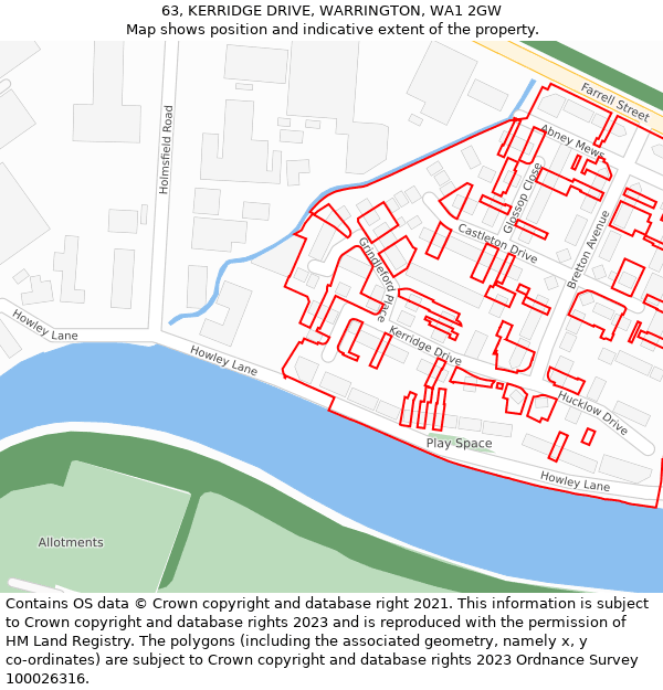 63, KERRIDGE DRIVE, WARRINGTON, WA1 2GW: Location map and indicative extent of plot