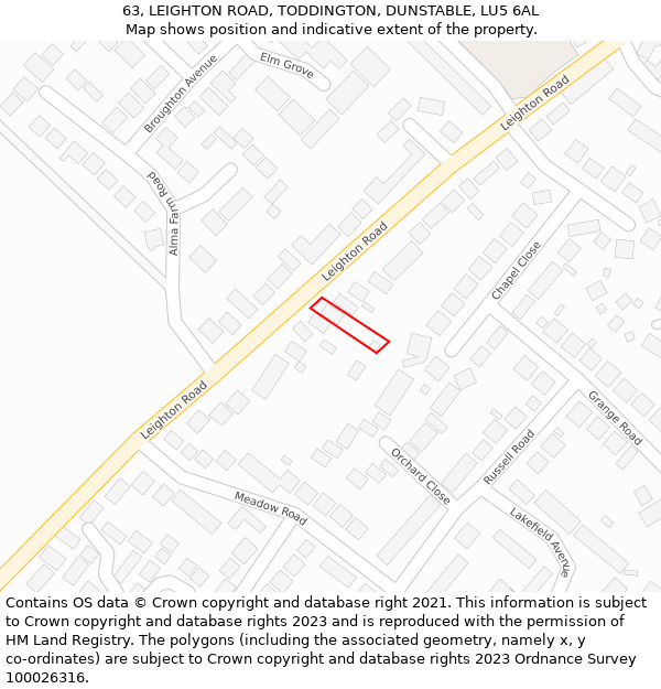 63, LEIGHTON ROAD, TODDINGTON, DUNSTABLE, LU5 6AL: Location map and indicative extent of plot