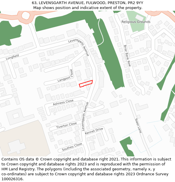 63, LEVENSGARTH AVENUE, FULWOOD, PRESTON, PR2 9YY: Location map and indicative extent of plot