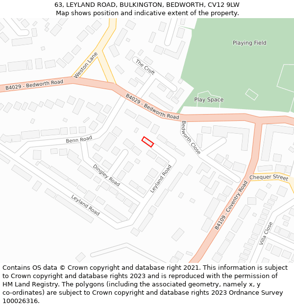 63, LEYLAND ROAD, BULKINGTON, BEDWORTH, CV12 9LW: Location map and indicative extent of plot