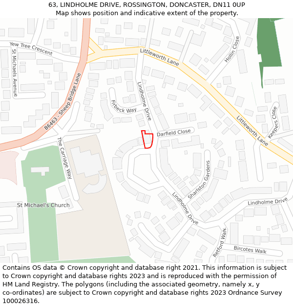 63, LINDHOLME DRIVE, ROSSINGTON, DONCASTER, DN11 0UP: Location map and indicative extent of plot