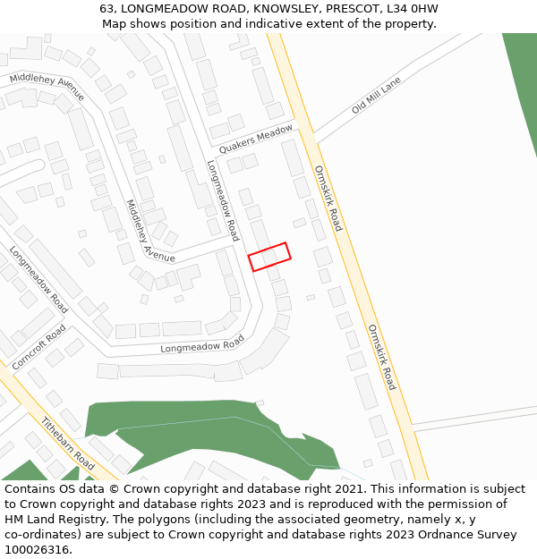 63, LONGMEADOW ROAD, KNOWSLEY, PRESCOT, L34 0HW: Location map and indicative extent of plot