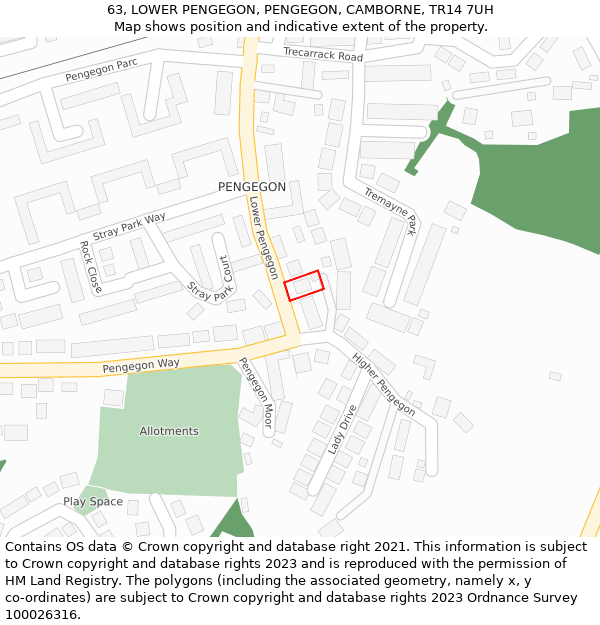 63, LOWER PENGEGON, PENGEGON, CAMBORNE, TR14 7UH: Location map and indicative extent of plot