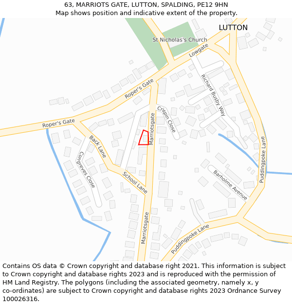 63, MARRIOTS GATE, LUTTON, SPALDING, PE12 9HN: Location map and indicative extent of plot