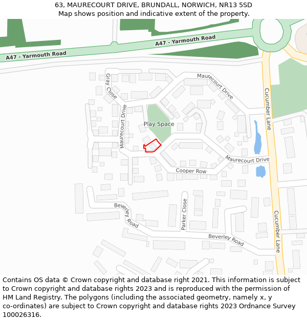 63, MAURECOURT DRIVE, BRUNDALL, NORWICH, NR13 5SD: Location map and indicative extent of plot